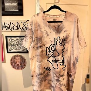 Ice dyed t shirt with original art screen printed on front.